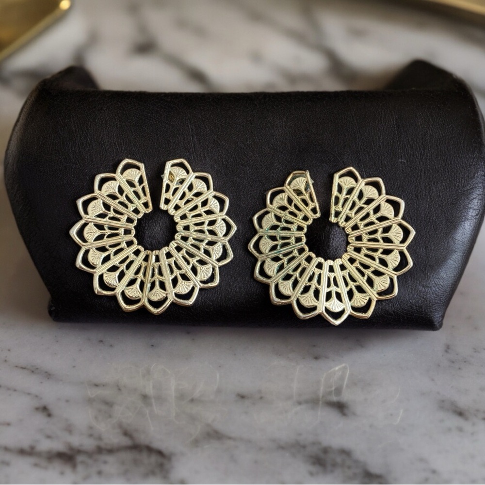 Vintage Gold Filigree Fan Hoop Earrings Art Deco Boho Statement